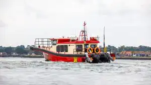 OXE Marine Diesel Outboards on a working boat in the sea